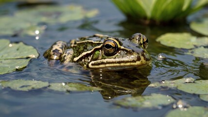Frog laying eggs, close-up view, clear water, clusters of eggs, detailed textures, natural environment, aquatic plants, gentle ripples, calm and serene atmosphere