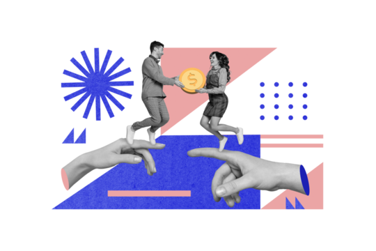 Business concept creative collage of two young partners trade crypto bitcoin nft token jumping advertisement influencers isolated on beige background