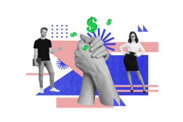 Creative collage artwork picture of two mini black white effect people point finger big arms handshake earn money profit