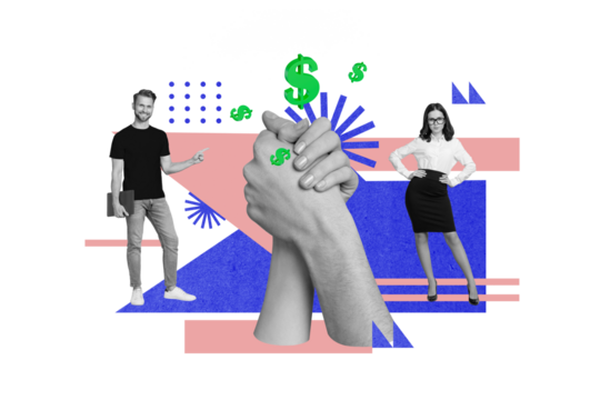 Creative collage artwork picture of two mini black white effect people point finger big arms handshake earn money profit