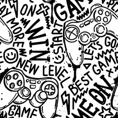 Seamless abstract pattern with joystick game and graffiti words. Black colorful  vector Print for boys on white background © artlavi_design