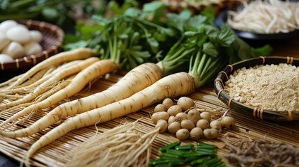 Fototapeta premium Fresh ginseng roots and traditional Asian ingredients on bamboo mat