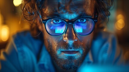 Close Up Portrait Of A Man Wearing Glasses At Night