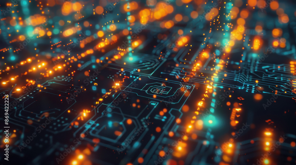Poster abstract glowing circuit board with blue and orange lights, representing technology and data process