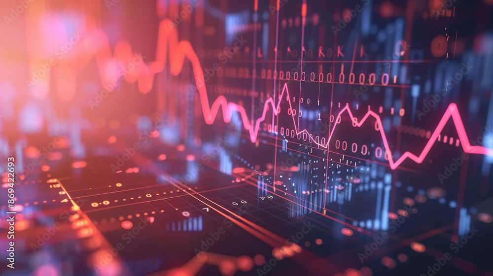 Aufkleber abstract digital stock market graph with red colored data and lines in futuristic financial backgrou