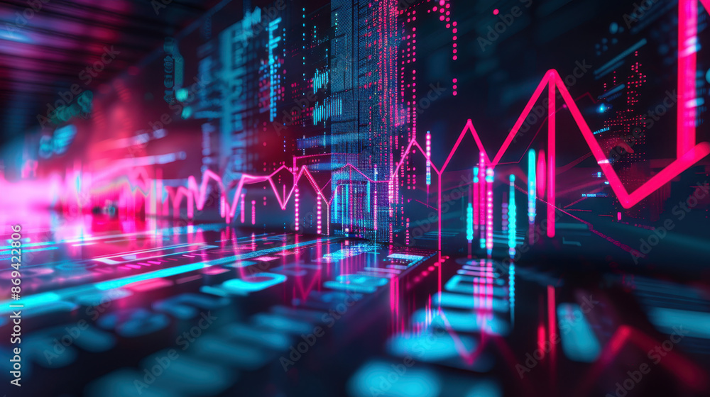 Aufkleber futuristic digital stock market analysis with neon graphs and data visualizations