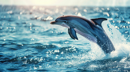 Obraz premium Dolphin leaping out of ocean waters with sparkling sunlight and waves in the background