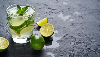 Fototapeta premium Mojito cocktail on dark stone table. With space for your text