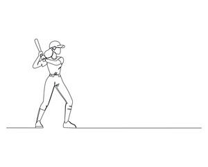 continuous line drawing of a young active female baseball player standing and hold a bat and ready to hit a ball.