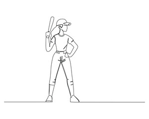 continuous line drawing of a young active female baseball player standing and hold a bat and ready to hit a ball.