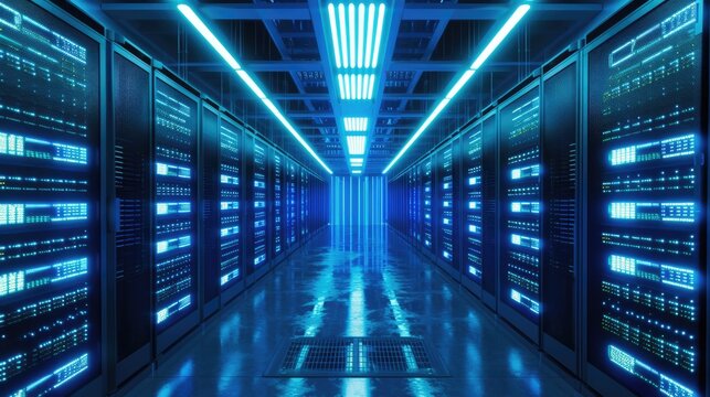 A parallel row of servers, adorned in electric blue, fills a technology-driven data center hallway with a symmetrical display of power and Azure technology. AIG41