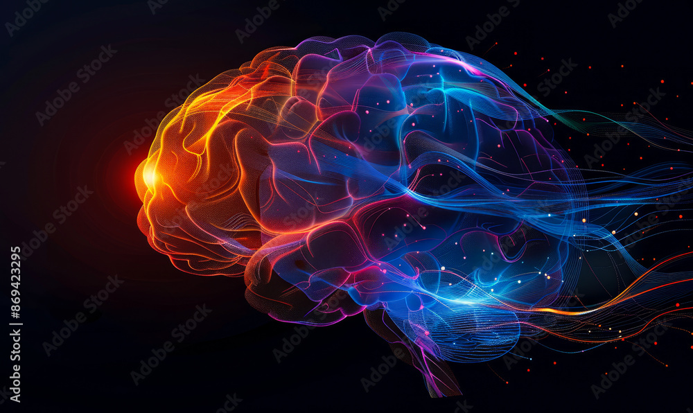 Poster vibrant digital human brain shaped with colorful lines representing artificial intelligence, neural 
