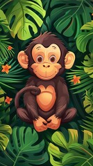 Naklejka premium Adorable cartoon baby monkey sitting in lush jungle surrounded by green tropical leaves and orange flowers.