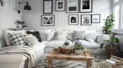 A cozy living room with a Scandinavian design, featuring a white sofa, wooden coffee table, and a wall adorned with black-and-white photographs.