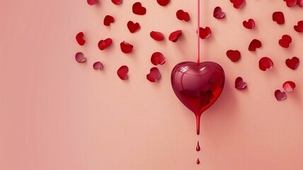 horizontal image, front view of heart with petals. Copy space for text on isolated peach background. For banner, design, blood donor day, valentine