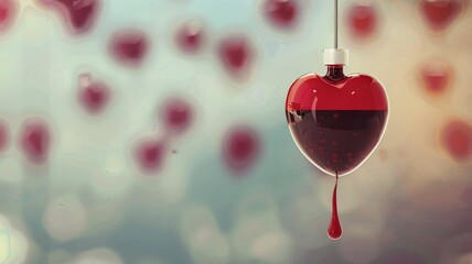 horizontal image, front view of heart-shaped IV. Copy space for text. For banner, design, blood donor day, valentine