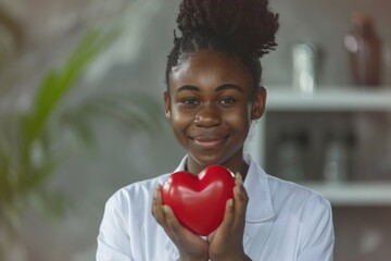 Happy African American girl promoting charity with red heart.
