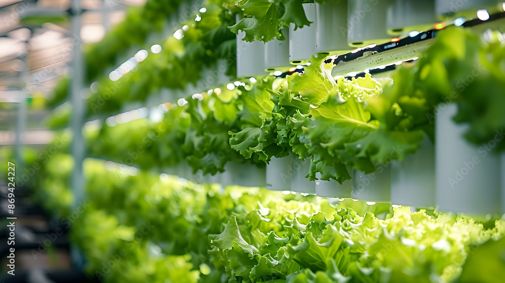 Wall mural Vertical Hydroponic Plant System With Cultivated Lettuces.