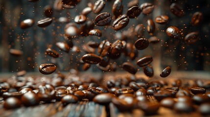  coffee beans falling towards a rustic wooden surface
