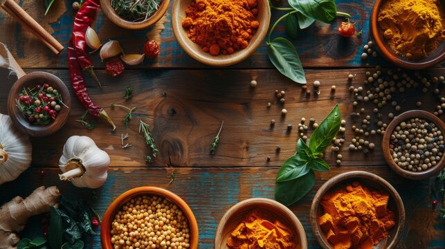 Various spices and herbs on wooden table