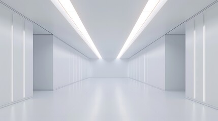 Sleek white corridor illuminated with bright overhead lights, featuring a minimalist design and clean lines.