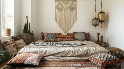A cozy bedroom with a bohemian vibe, featuring a macrame wall hanging, patterned throw pillows, and a low bed.