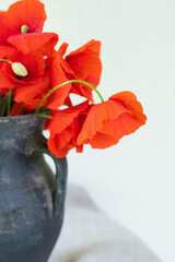 Bright red poppies in a rustic vase against a light background, showcasing natural beauty and simplicity.