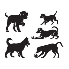 Dogs playing ball silhouette vector illustration. Set of pet silhouettes. Dogs with ball. Vector illustration