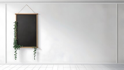 Chalk board on the wall with the tree leaves on the top.