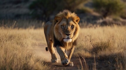 a lion walking through tall grass in the wild