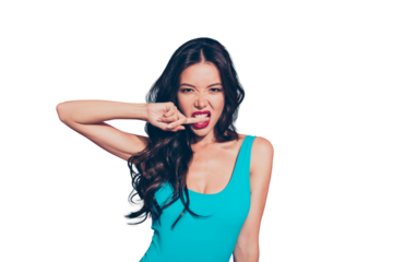 Portrait of cocky evil angry aloof luxury chic attractive adorable gorgeous charming wavy-haired lady biting forefinger isolated over pink background