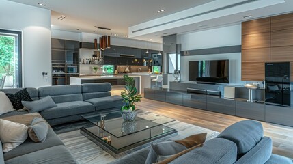 A contemporary living room with an open floor plan, featuring a gray sectional sofa, glass coffee table, and a sleek entertainment center.