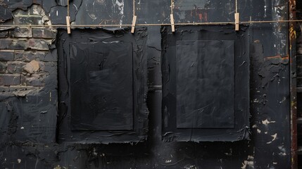 Naklejka premium black photo frames hanging on rope on rustic wooden background with copy space