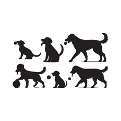 Dogs playing ball silhouette vector illustration. Set of pet silhouettes. Dogs with ball. Vector illustration