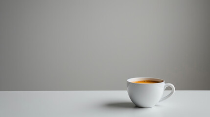 Minimalist coffee cup with hot espresso on a white table against a plain gray background