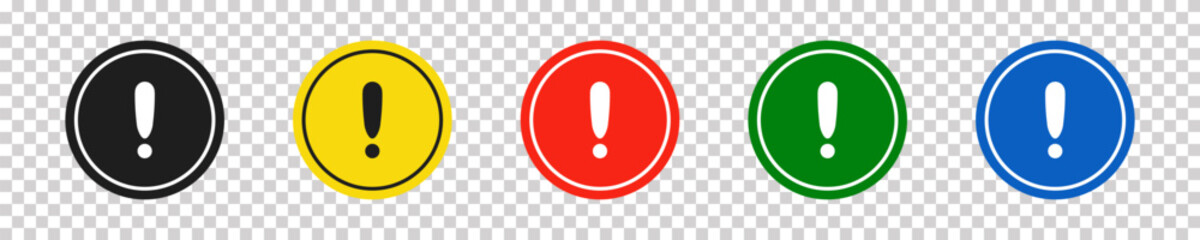 Set of round circle black, yellow, red, green and blue road signs with exclamation point. Caution sign. Vector icons for warning about the situation on the road. Transparent isolated background