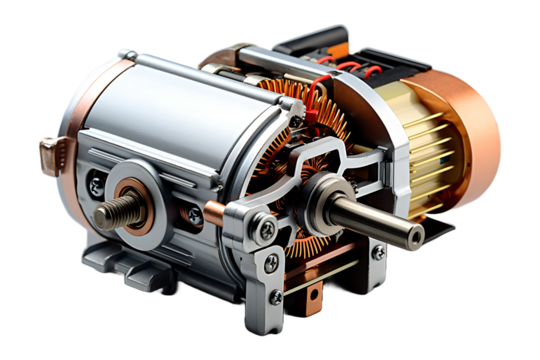 New electric motor on a white workshop table Isolated on transparent background