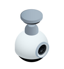 Isometric security camera. Ceiling CCTV for monitoring indoor real estate areas. Surveillance camera for safety and protection against crime. 3D realistic vector illustration isolated on background
