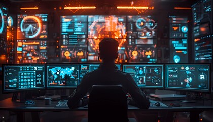 Cyber Threat Detection, cybersecurity operations center with icons of threat detection tools, real-time monitoring,