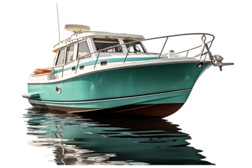 New small motor boat for fishing moored on pier on transparent background
