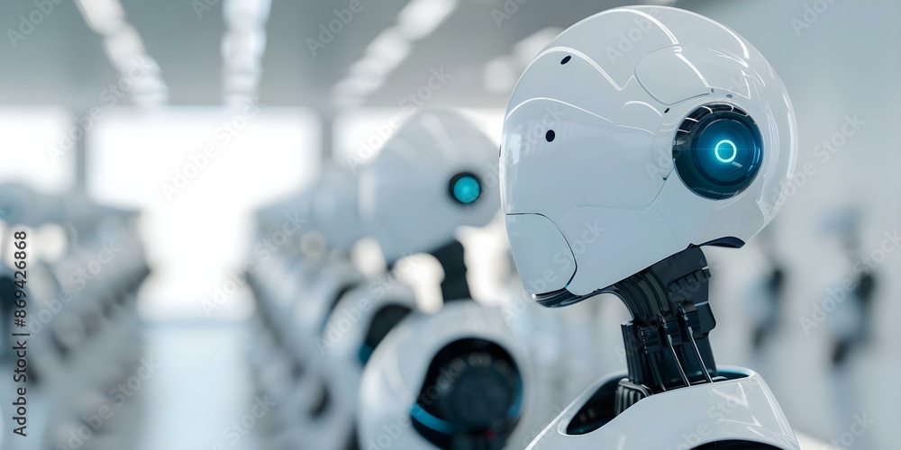 Poster robots replacing humans in office setting for future business operations. concept future workforce, 