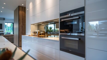A contemporary kitchen with sleek white cabinets, a built-in oven, and a glass backsplash.
