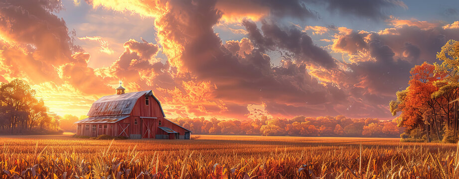 Sunset Glow on the Rustic Barn in Autumn Cornfield