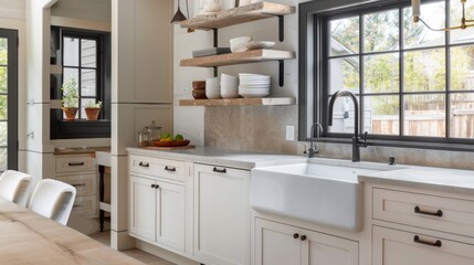A contemporary kitchen with an open shelving concept, white cabinets, and a farmhouse sink.