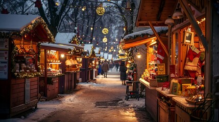 Naklejka premium Smalltown market with winter holiday stalls, warm lights, and seasonal goods, Holiday business, Community spirit