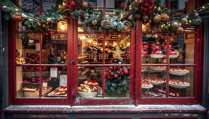 Small bakery decorated for Christmas with festive treats in the window, Holiday business, Seasonal charm