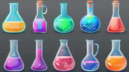 The chemistry laboratory flask is filled with liquid for testing. The lab beaker equipment sets are made from realistic 3D glassware. The pharmaceutical transparent jar contains a colored fluid for