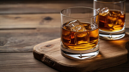 Whiskey with ice in glass on dark background, copy space