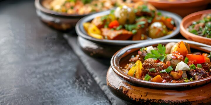 Enjoy authentic Moroccan cuisine featuring rustic flavorful dishes like tagines Culinary delight from Africa. Concept Moroccan tagines, Authentic cuisine, North African flavors, Rustic dishes