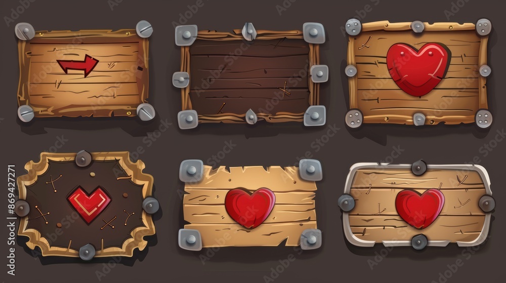 Poster icon set of wooden texture buttons and red progress bars for medieval menu signboard box ui kit for 